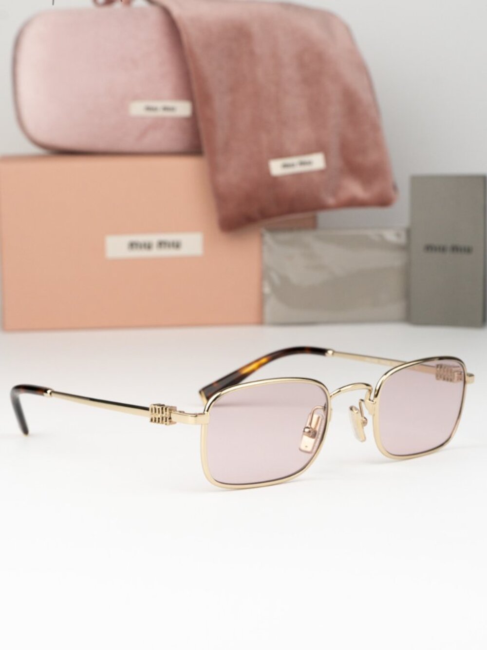 Miu Miu Women Sunglasses Pale Gold Pink Rectangle MUA53S ZVN4I0 NEW AUTHENTIC